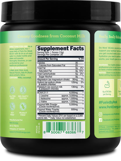 Perk Do Work BCAAs+ Mojito Lime Creme – 20 Servings, Gluten-Free, Soy-Free