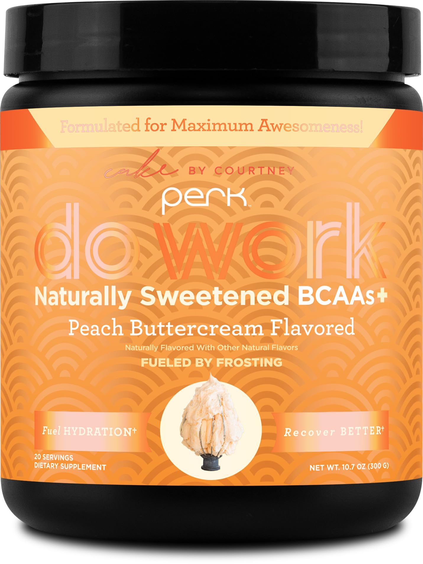 Perk Do Work Naturally Sweetened BCAAs+ Peach Buttercream Flavored (20 Servings) - Gluten-Free, Soy-Free, Peanut-Free, with Coconut Water, Coconut Milk, and Electrolytes