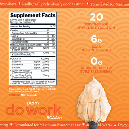 Perk Do Work Naturally Sweetened BCAAs+ Peach Buttercream Flavored (20 Servings) - Gluten-Free, Soy-Free, Peanut-Free, with Coconut Water, Coconut Milk, and Electrolytes