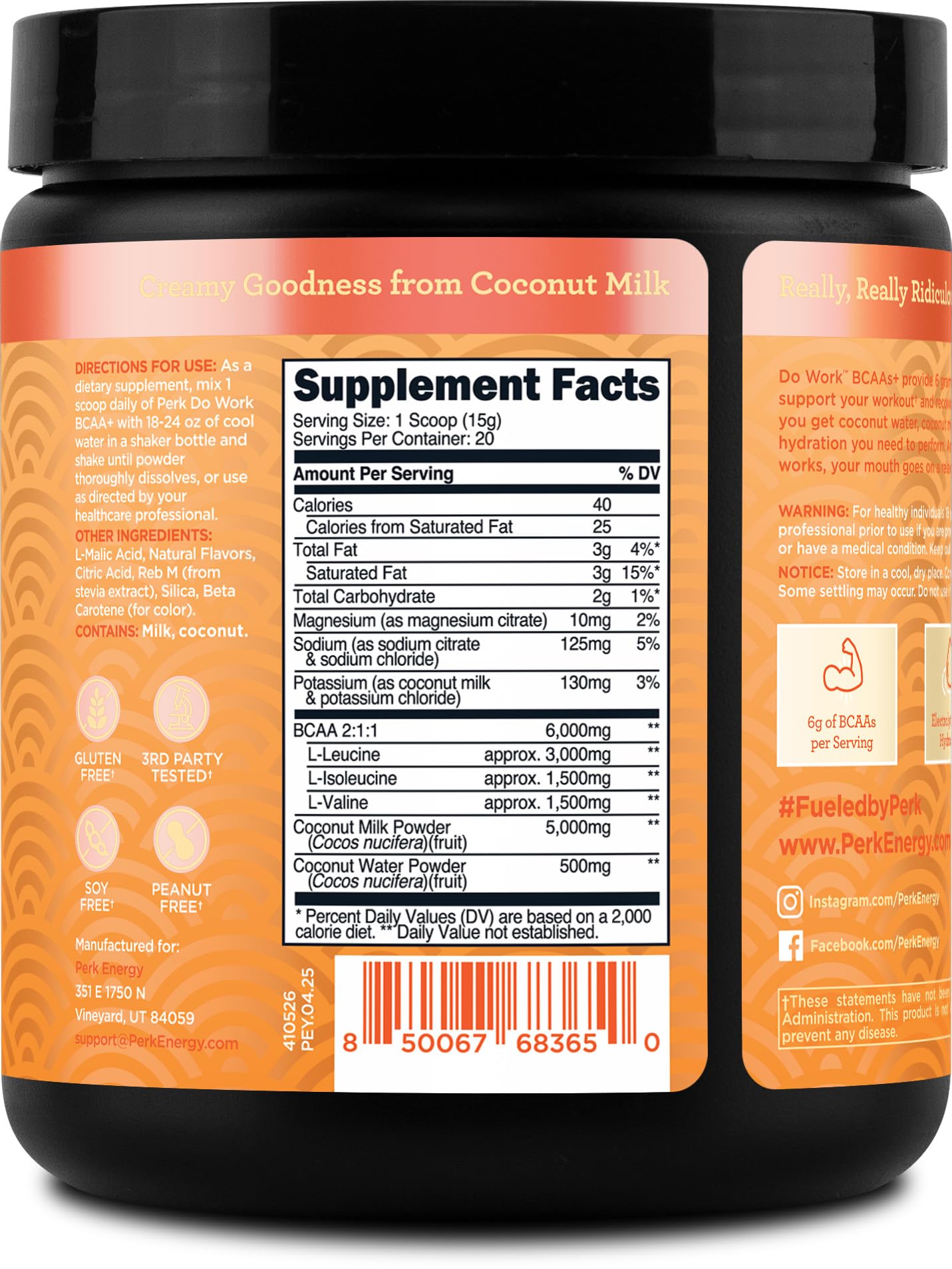 Perk Do Work Naturally Sweetened BCAAs+ Peach Buttercream Flavored (20 Servings) - Gluten-Free, Soy-Free, Peanut-Free, with Coconut Water, Coconut Milk, and Electrolytes