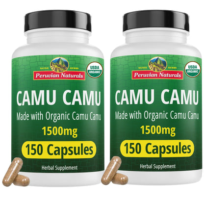Peruvian Naturals Organic Vitamin C from Camu Camu Capsules 1,500mg - 300 Vegan Pills, Natural Vitamin C from Whole Food Camu Berry Organic, Non-GMO