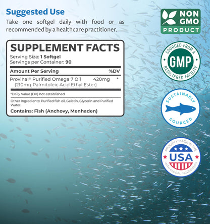 Omega 7 Supplement for Women and Men - High Potency Palmitoleic Acid, Purified Provinal, 3-Month Supply
