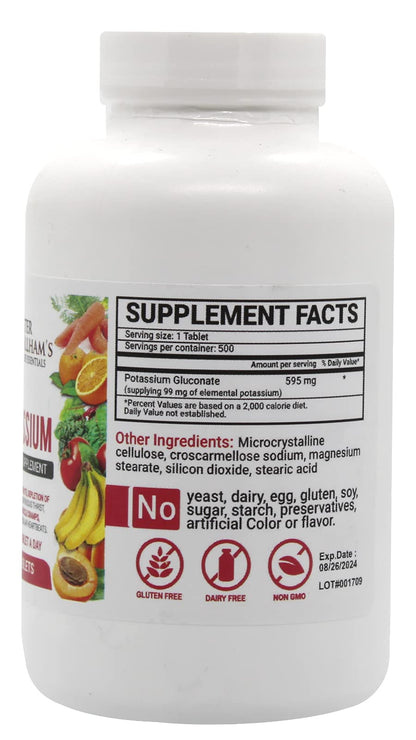 Peter Gillham’s Life Essentials Potassium Gluconate tablets 595mg, 500 Tablets, Support Electrolyte Balance, Made in USA (Package May Vary)