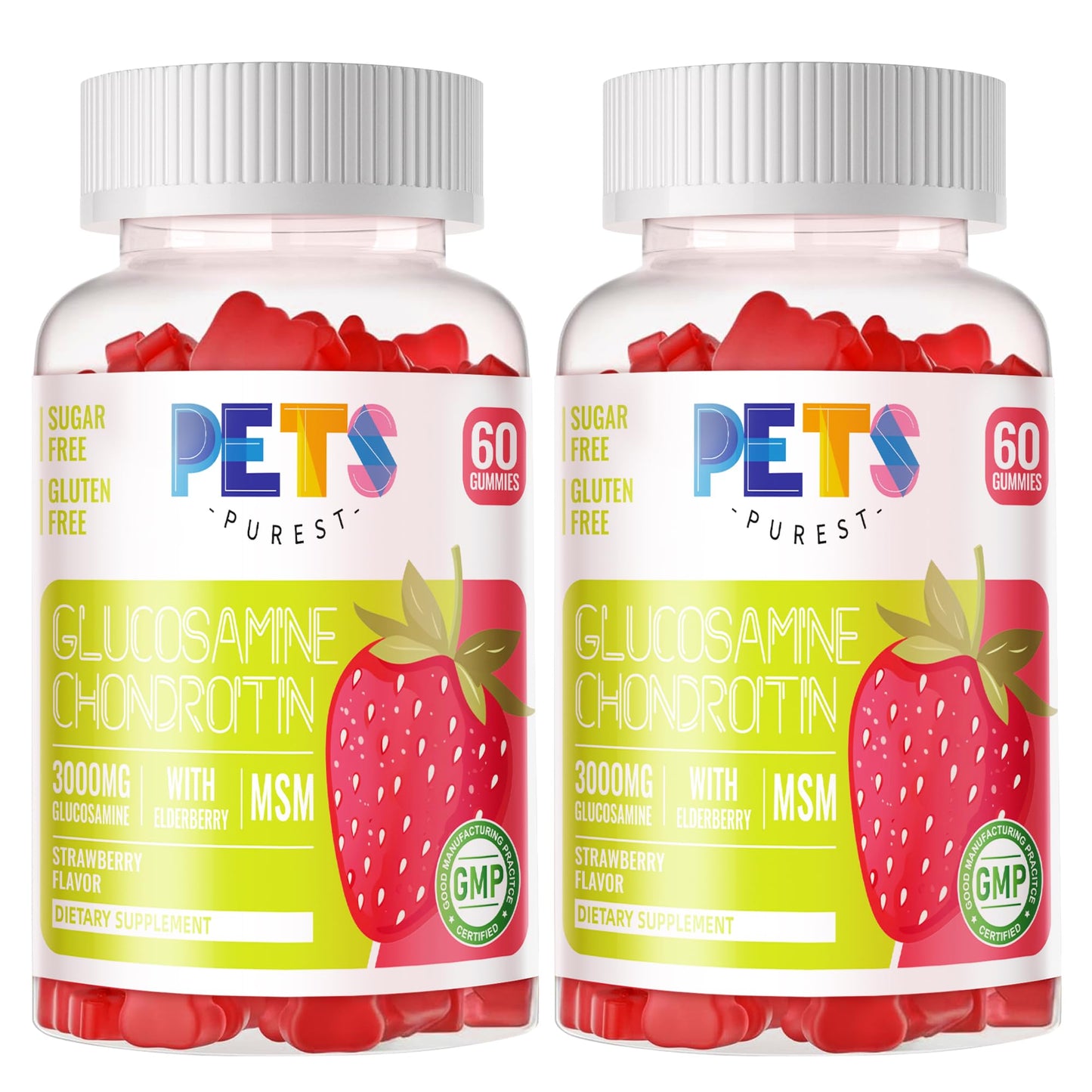 Pets Purest Glucosamine Chondroitin Gummies with MSM & Elderberry Extra Strength - Joint Support, Antioxidant Immune Support Supplement for Adults, Men & Women.(2 Pack) Strawberry