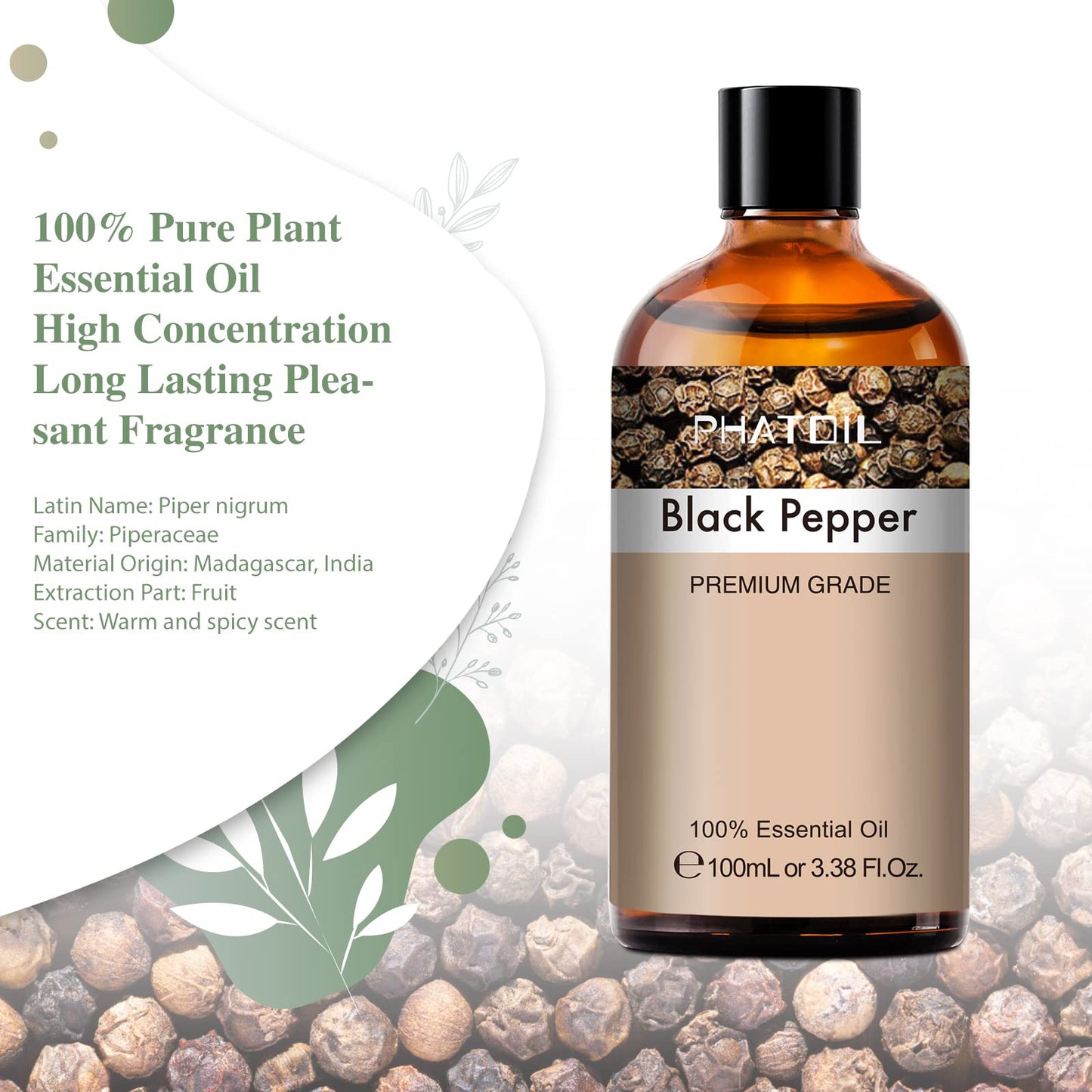 Black Pepper Essential Oil 100ml (3.38 fl oz) | PHATOIL Pure Aromatherapy Oil for Diffuser, Humidifier, DIY Soap, Candles, Bath Bombs