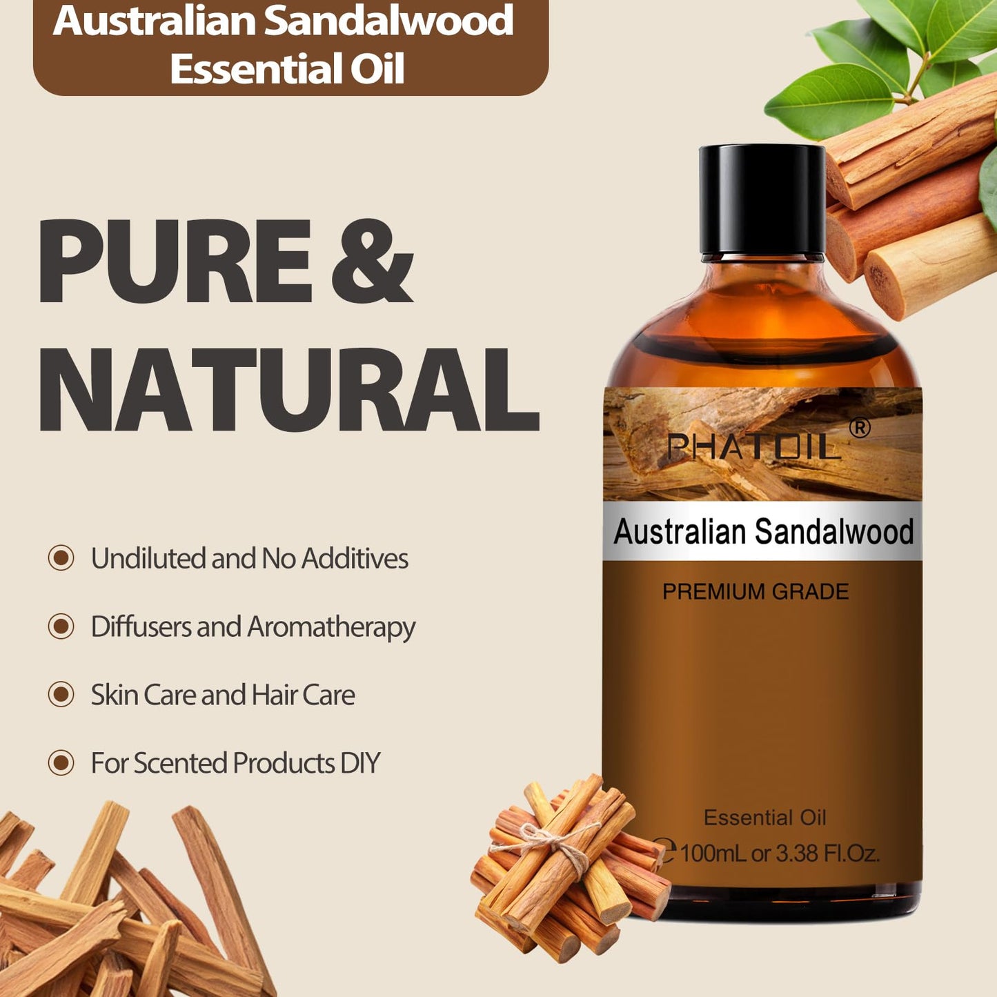 PHATOIL Australian Sandalwood Essential Oil 100ml – Pure, Natural Oil for Hair, Skin, Aromatherapy & DIY