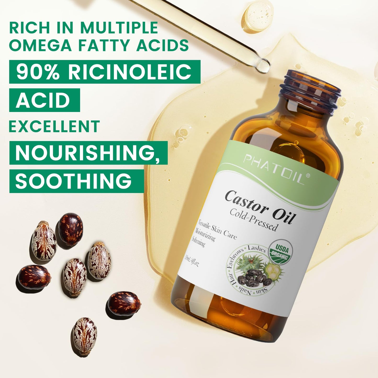 PHATOIL Castor Oil Organic Cold-Pressed 118 ml (4 oz) | Hair Growth, Lashes & Brows