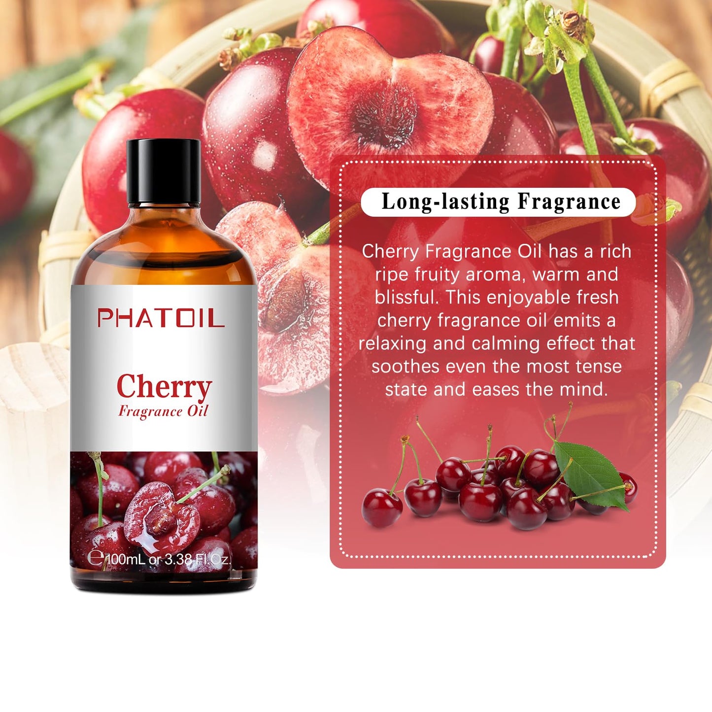 PHATOIL Cherry Fragrance Oils – 100ml (3.38 fl oz) for Aromatherapy, Diffusers, Candles & Soaps