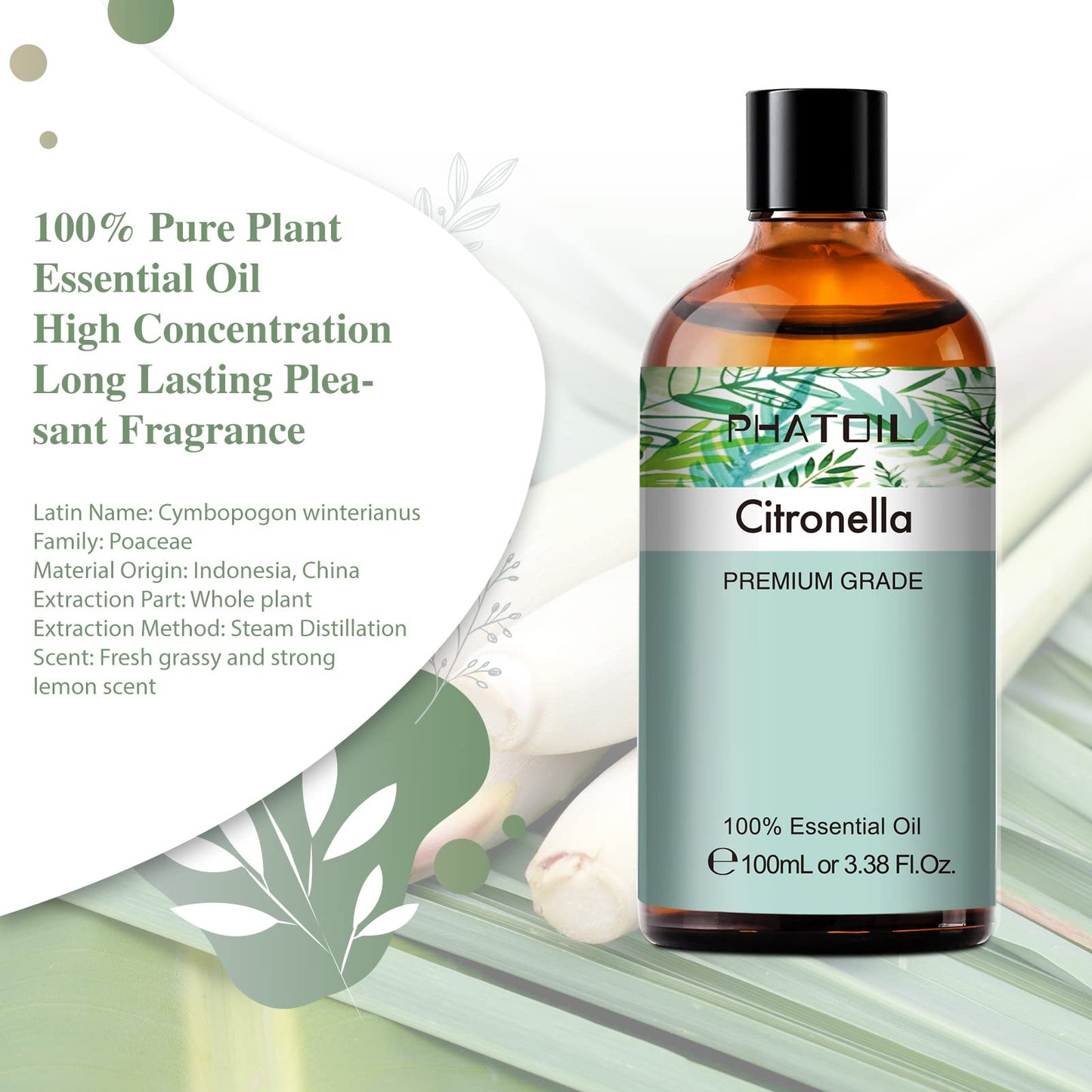 PHATOIL 100ml Citronella Essential Oil – Aromatherapy, Diffusers, DIY Candles & Soap