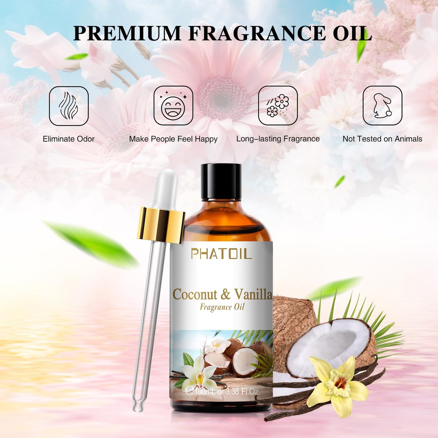 PHATOIL Coconut & Vanilla Fragrance Oil – 100ml for Aromatherapy, Diffusers, Candles & Soap