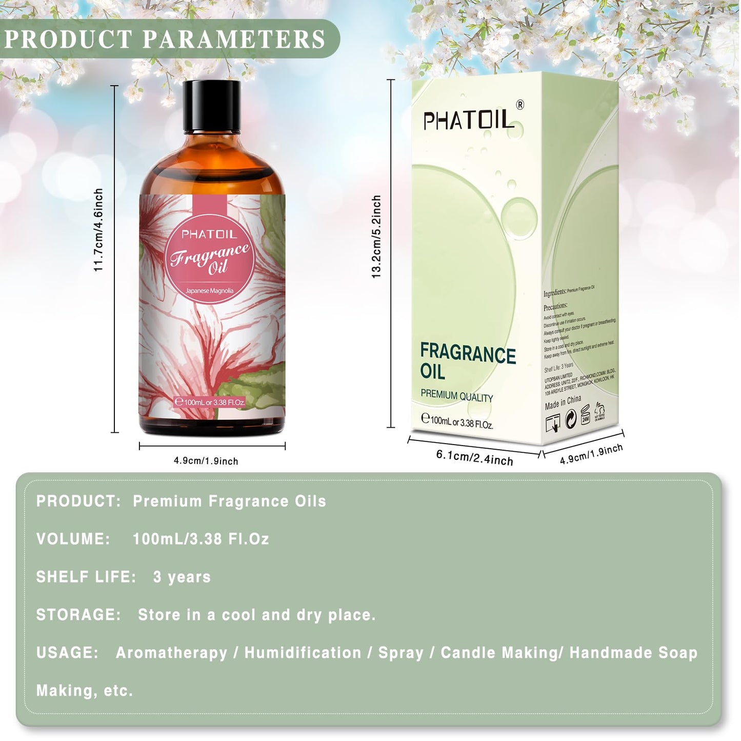 PHATOIL Japanese Magnolia Fragrance Oil – 3.38 fl oz / 100ml for Diffusers, Aromatherapy, DIY Candles & Soaps