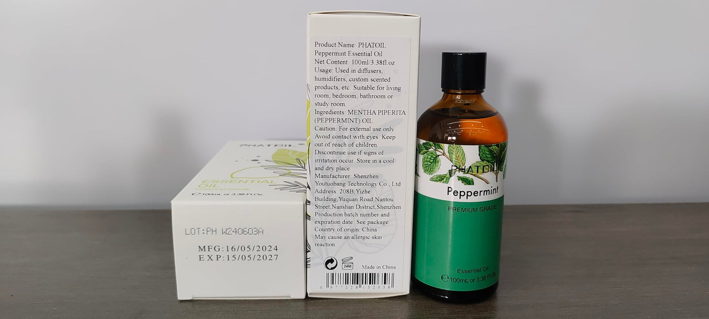 PHATOIL Peppermint Essential Oil – 3.38 fl oz Premium Grade for Diffuser & Aromatherapy