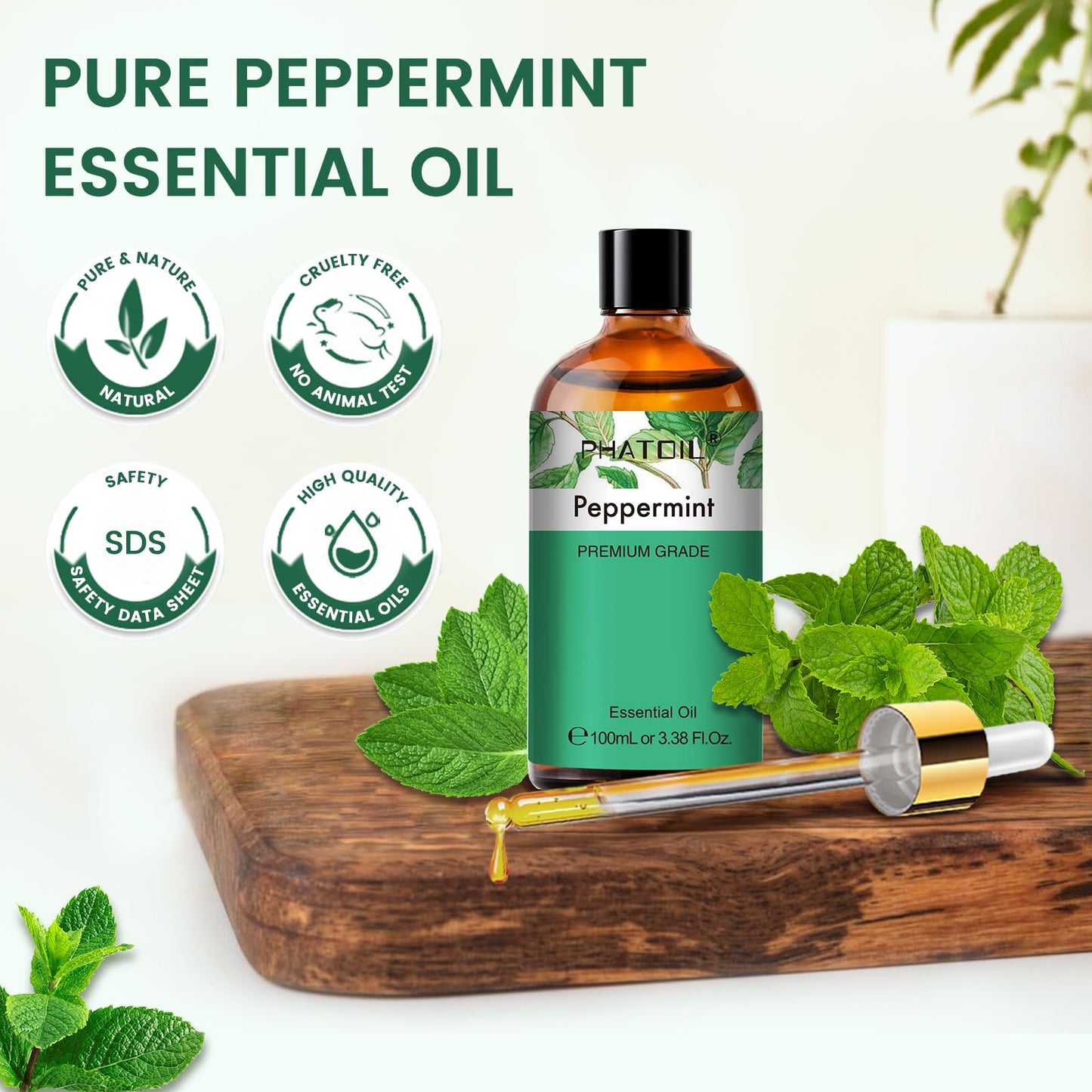 PHATOIL Peppermint Essential Oil – 3.38 fl oz Premium Grade for Diffuser & Aromatherapy