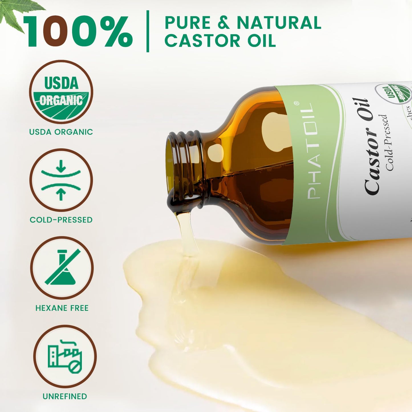 PHATOIL Organic Castor Oil – Cold Pressed in Glass Bottle with Pump, 236 ml (8 fl oz) USDA Organic
