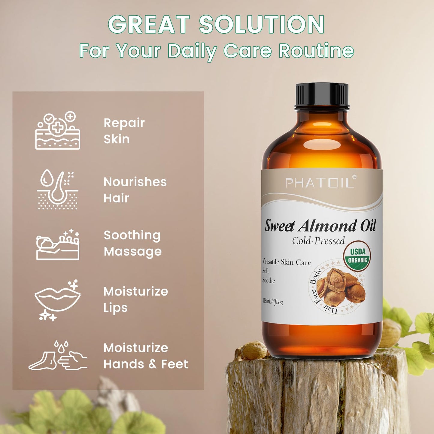 PHATOIL Organic Sweet Almond Oil 118 ml – Cold Pressed, USDA Certified Organic