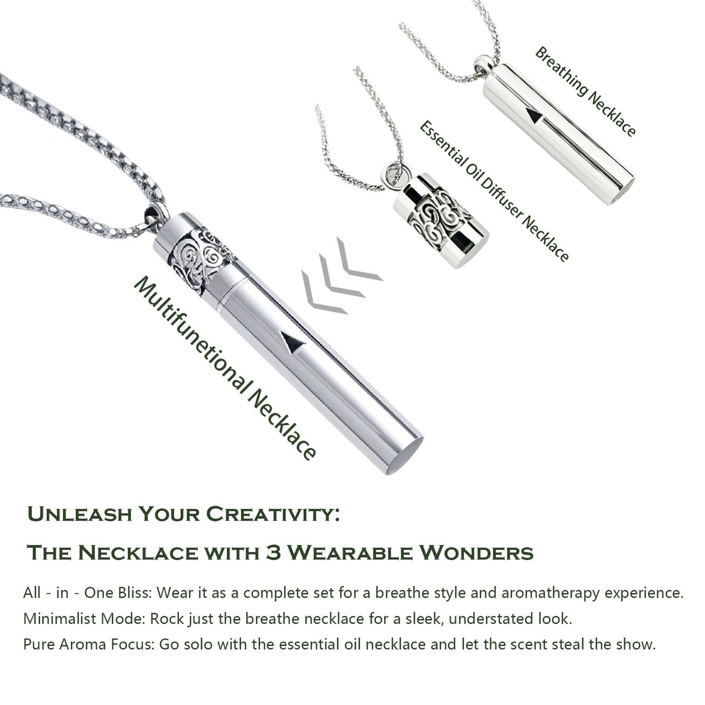 phaxud Mindfulness Breathing Necklace & Essential Oil Diffuser - 2-in-1 Stainless Steel Jewelry (Black)