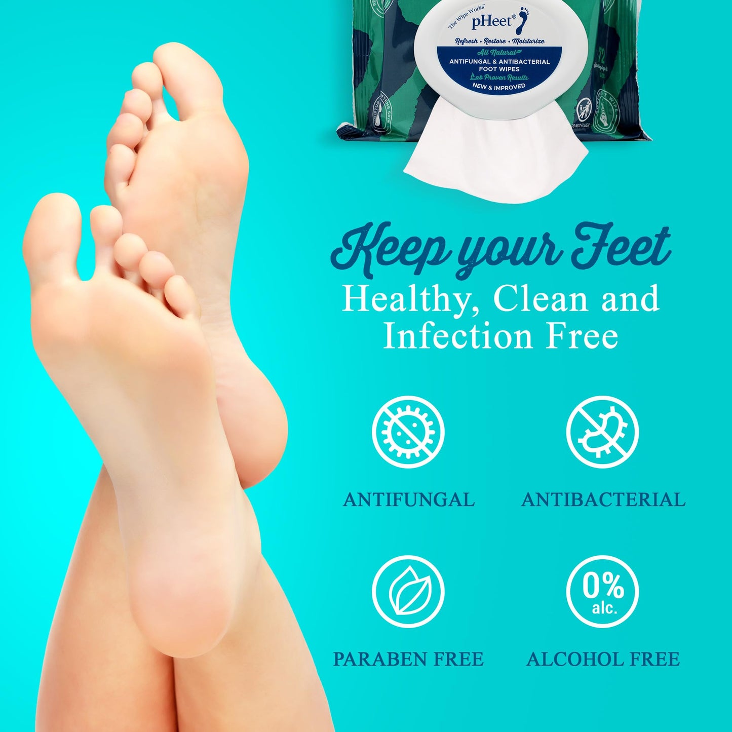 pHeet Foot Wipes – All-Natural Antifungal & Antibacterial Foot Care (72 Count)