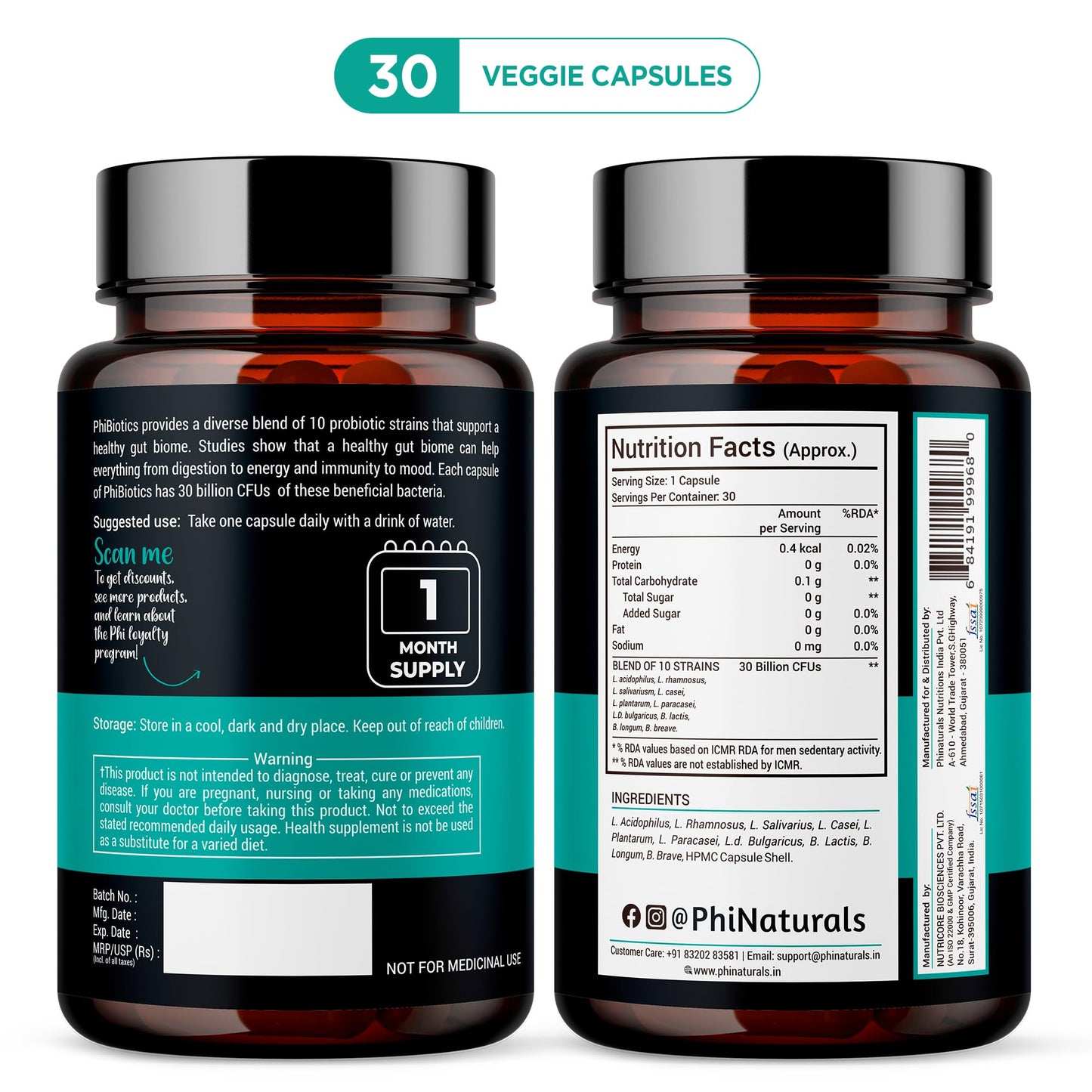 PhiNaturals High Potency Probiotics 30B CFU | 10 Strains, 30 Vegan Capsules | For Women & Men Gut Health