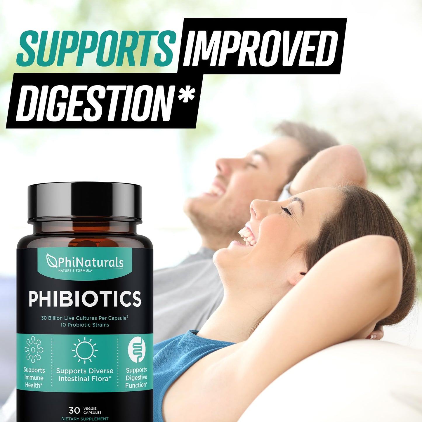 PhiNaturals High Potency Probiotics 30B CFU | 10 Strains, 30 Vegan Capsules | For Women & Men Gut Health