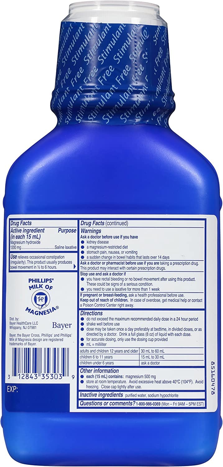 Phillips' Milk of Magnesia Liquid Laxative – 26 oz Pack of 2 | Cramp-Free, Gentle Overnight Relief