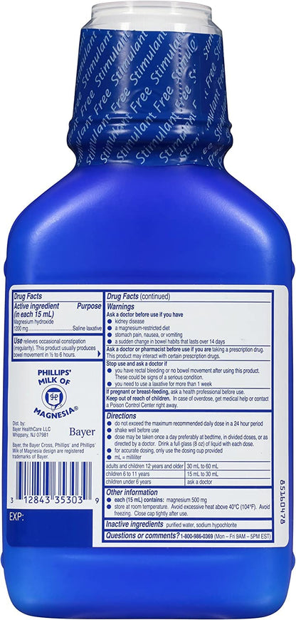 Phillips' Milk of Magnesia Liquid Laxative – 26 oz Pack of 2 | Cramp-Free, Gentle Overnight Relief