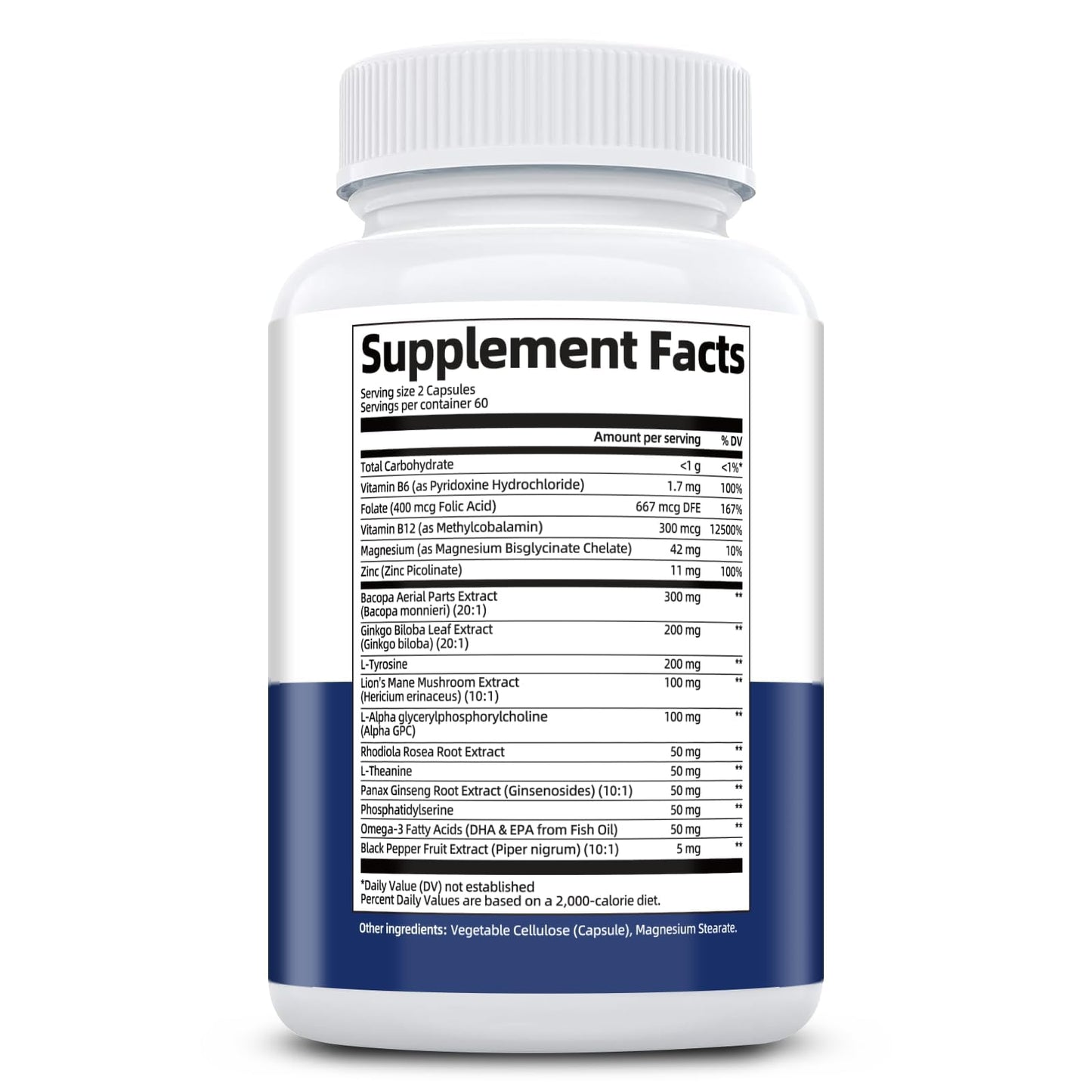 Brain Supplements for Memory & Focus – Nootropic with Bacopa Monnieri, Lion's Mane, Alpha GPC & Ginkgo (120 Caps)
