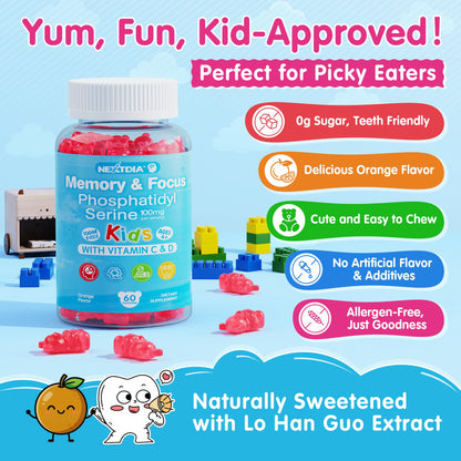 Phosphatidylserine 100mg Kids Focus Gummies - Vitamin C & D3, Sugar Free, Vegan