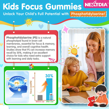 Phosphatidylserine 100mg Kids Focus Gummies - Vitamin C & D3, Sugar Free, Vegan