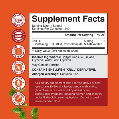 Natures Craft Antarctic Krill Oil 500mg Softgels – EPA DHA & Astaxanthin | 240 Count | 3rd Party Lab Tested