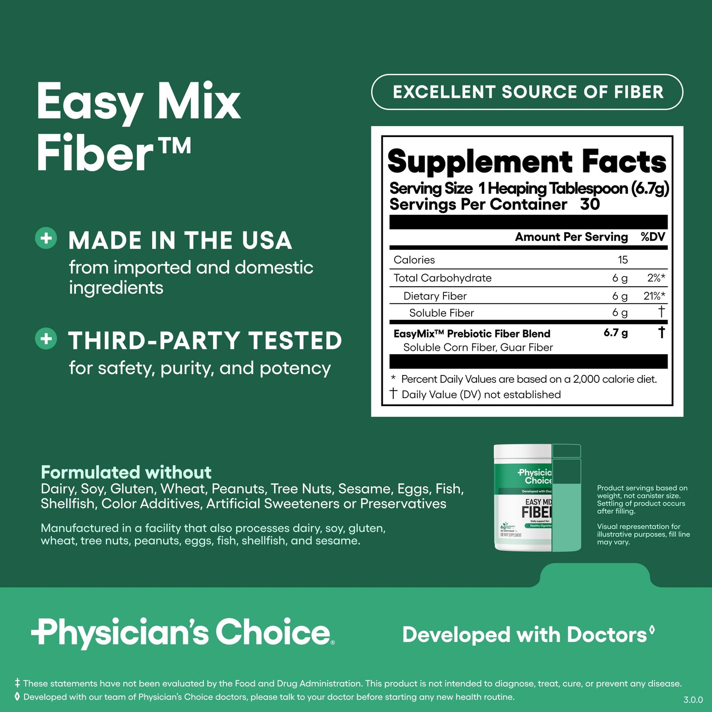 Physician's Choice Easy Mix Fiber - Unflavored Daily Prebiotic Fiber for Digestive Health (7.1oz)