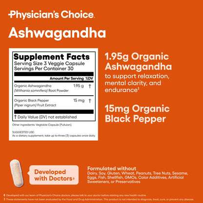 Physician's CHOICE Ashwagandha Supplement - 1950mg Organic Root Powder + Black Pepper | 90 Veggie Capsules