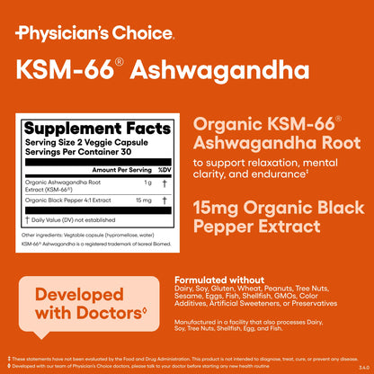 Physicians Choice KSM-66 Ashwagandha 1000mg – Organic, Black Pepper, 60 Vegan Capsules | Stress & Mood Support