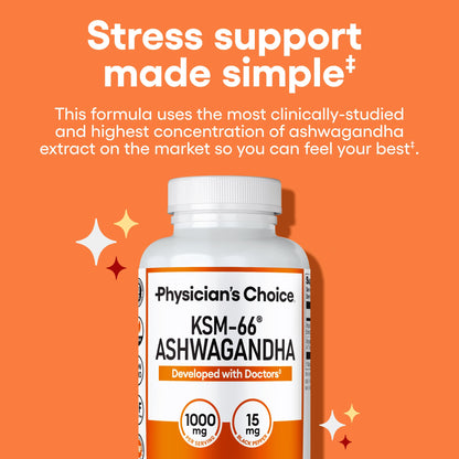 Physicians Choice KSM-66 Ashwagandha 1000mg – Organic, Black Pepper, 60 Vegan Capsules | Stress & Mood Support