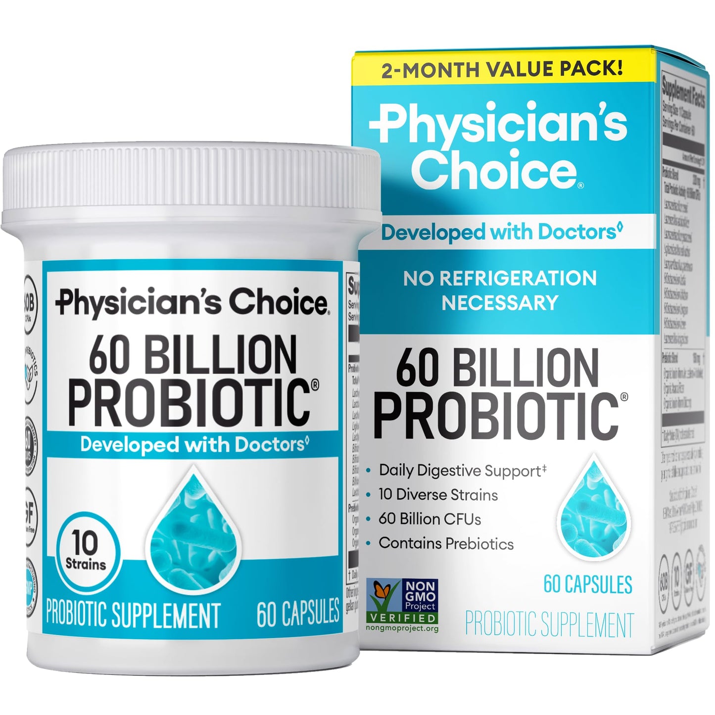 Physician's CHOICE Probiotics 60B CFU – 10 Strains + Organic Prebiotics | Immune & Digestive Health | 60 Count