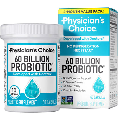 Physician's CHOICE Probiotics 60B CFU – 10 Strains + Organic Prebiotics | Immune & Digestive Health | 60 Count