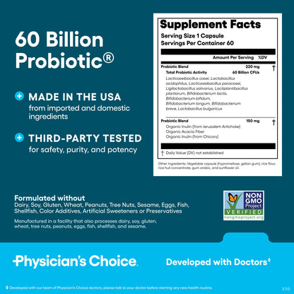 Physician's CHOICE Probiotics 60B CFU – 10 Strains + Organic Prebiotics | Immune & Digestive Health | 60 Count
