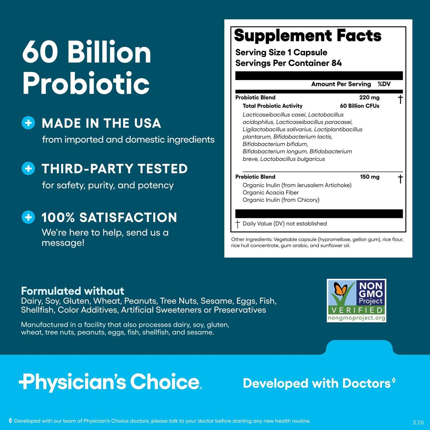 Physician's CHOICE Probiotics 60 Billion CFU – 10 Strains + Organic Prebiotics | 84ct