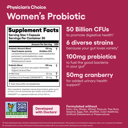 Physician's CHOICE Probiotics for Women - 50 Billion CFU, 6 Strains, Organic Prebiotics - UT & Digestive Health - 30 Count