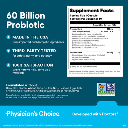 Physician's Choice Probiotics 60 Billion CFU - 10 Strains + Organic Prebiotics | Immune, Digestive & Gut Health | 30 Count