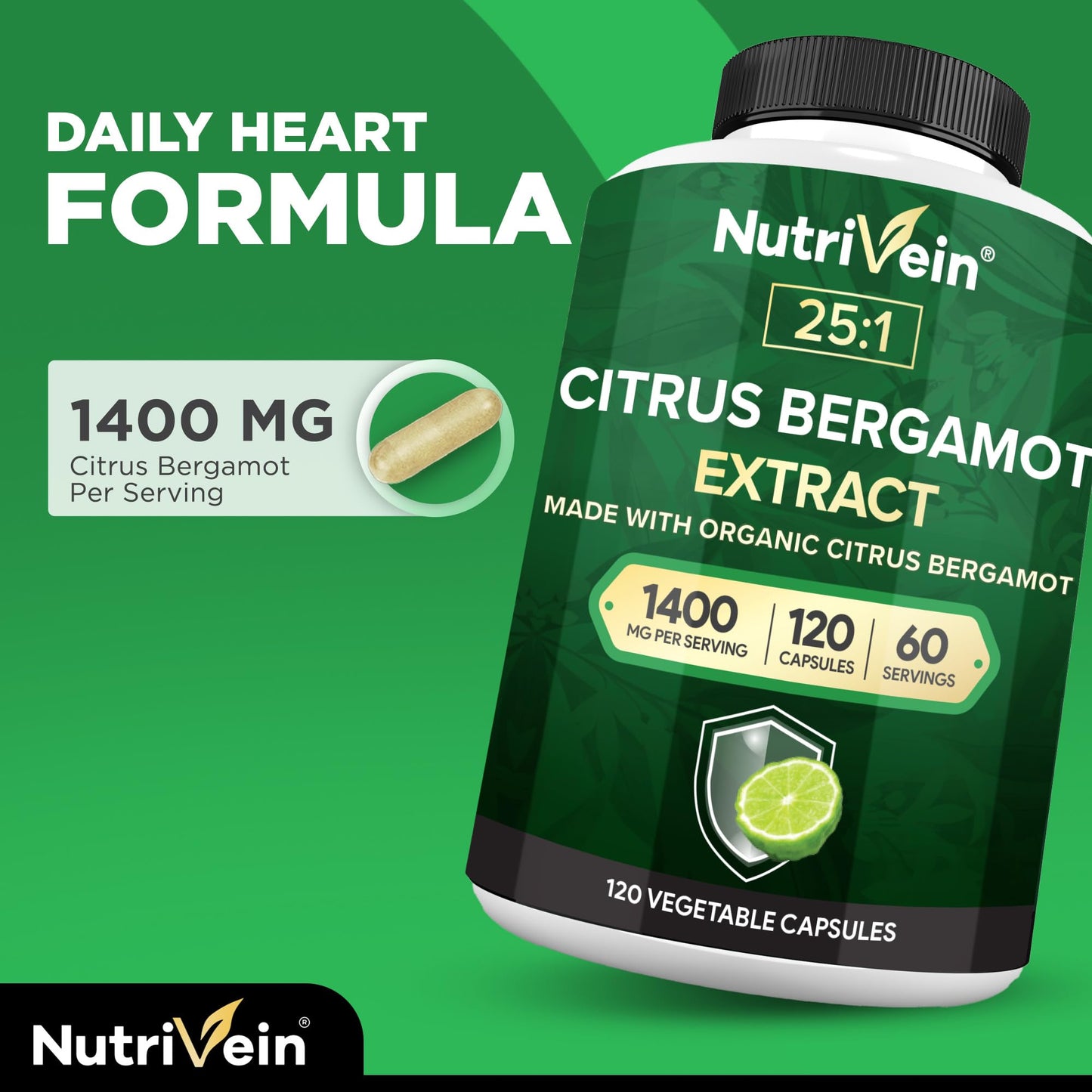Nutrivein Premium Citrus Bergamot Supplement 1400mg 25:1 Bergamia Extract – 60 Day Supply (120 Capsules) | Heart & Circulatory Support