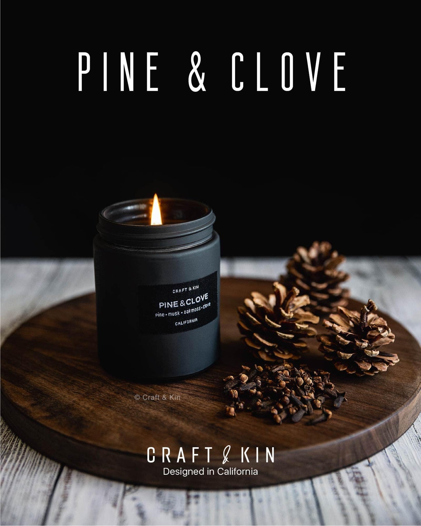 Craft & Kin Premium Pine & Clove Candle | Black Christmas Scented Soy Candle – 7.6oz, 45 Hour Burn Time