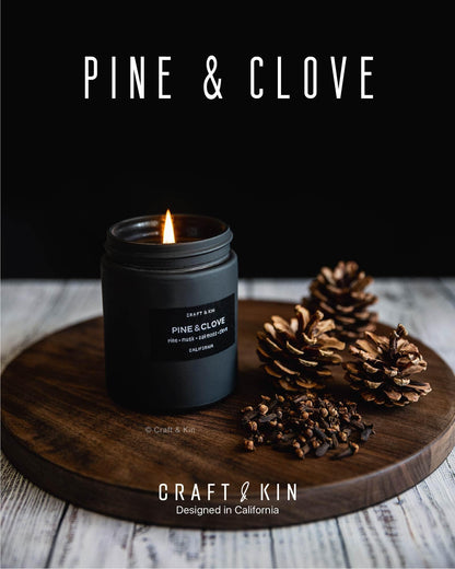 Craft & Kin Premium Pine & Clove Candle | Black Christmas Scented Soy Candle – 7.6oz, 45 Hour Burn Time