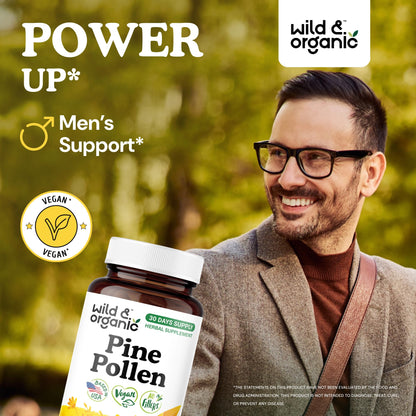 Wild & Organic Pine Pollen for Men Capsules 1000 mg - 60 Count | Vegan, Non-GMO