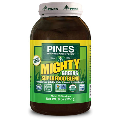 Pines Organic Mighty Greens Superfood Blend, 8 Ounce | Organic Wheatgrass & Alfalfa