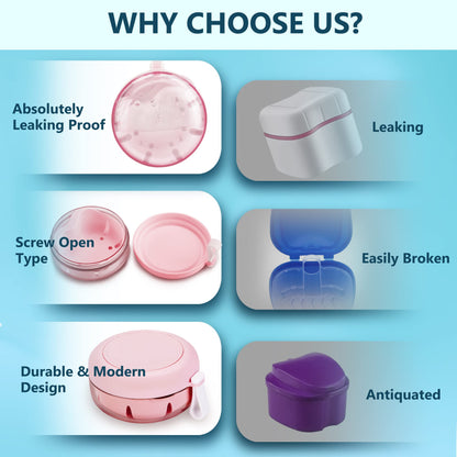 Pink Denture Case with Brush – 100% No-Leak Travel Retainer Box, Mirror & Strainer for Retainer, Mouth Guard, Aligner