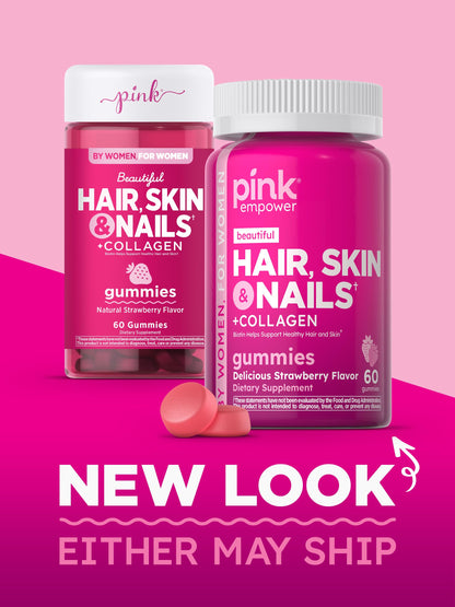 PINK Hair Skin Nails Gummies - 60 Count | Biotin + Collagen | Gluten Free & Non-GMO | Strawberry Flavor