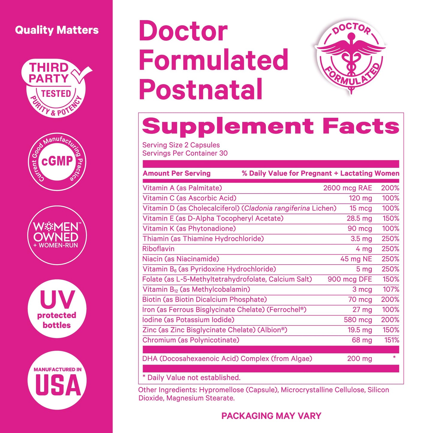 Pink Stork Total Postnatal Vitamins – Vegan DHA, Iron, Folate & B12 | 1 Month Supply