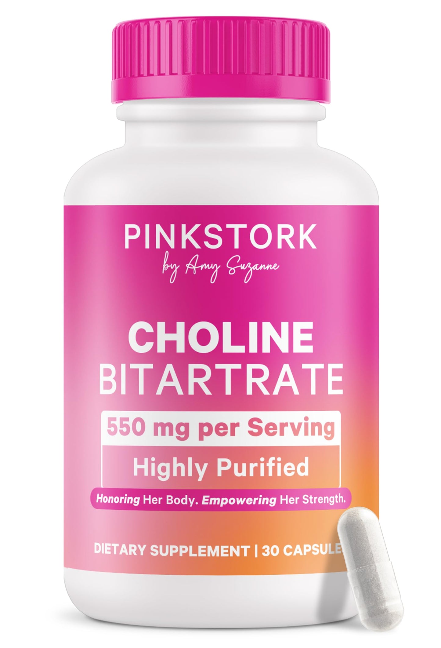 Pink Stork Choline - 550 mg Choline Bitartrate for Pregnancy & Postpartum | 30 Count