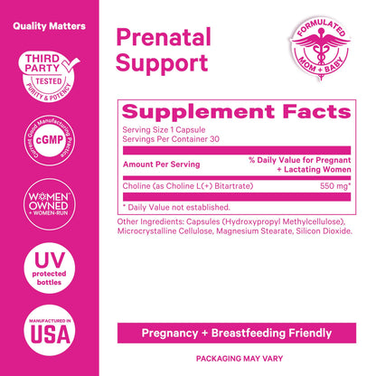 Pink Stork Choline - 550 mg Choline Bitartrate for Pregnancy & Postpartum | 30 Count
