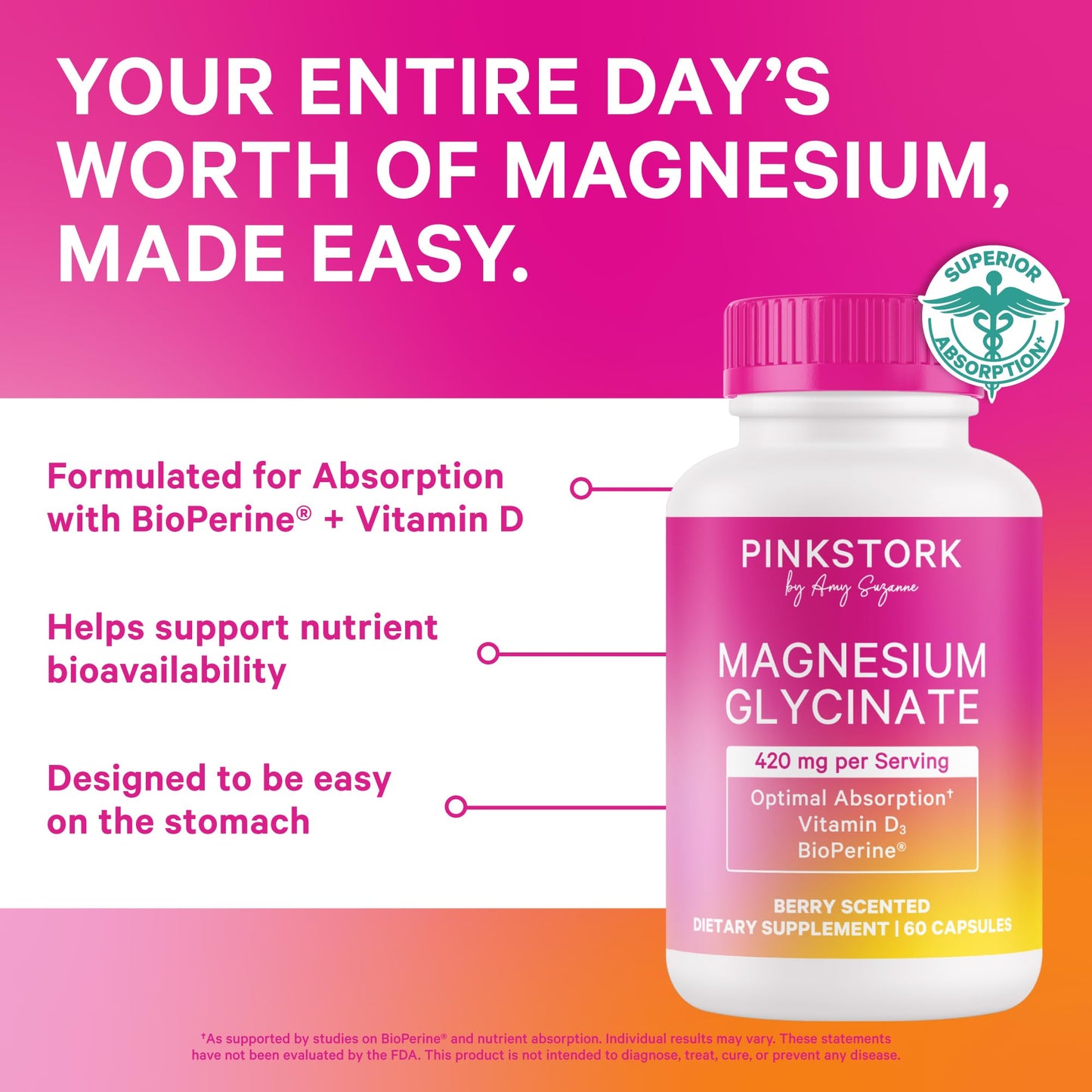Pink Stork Magnesium Glycinate with Vitamin D for Women | 60 Capsules Berry Essence